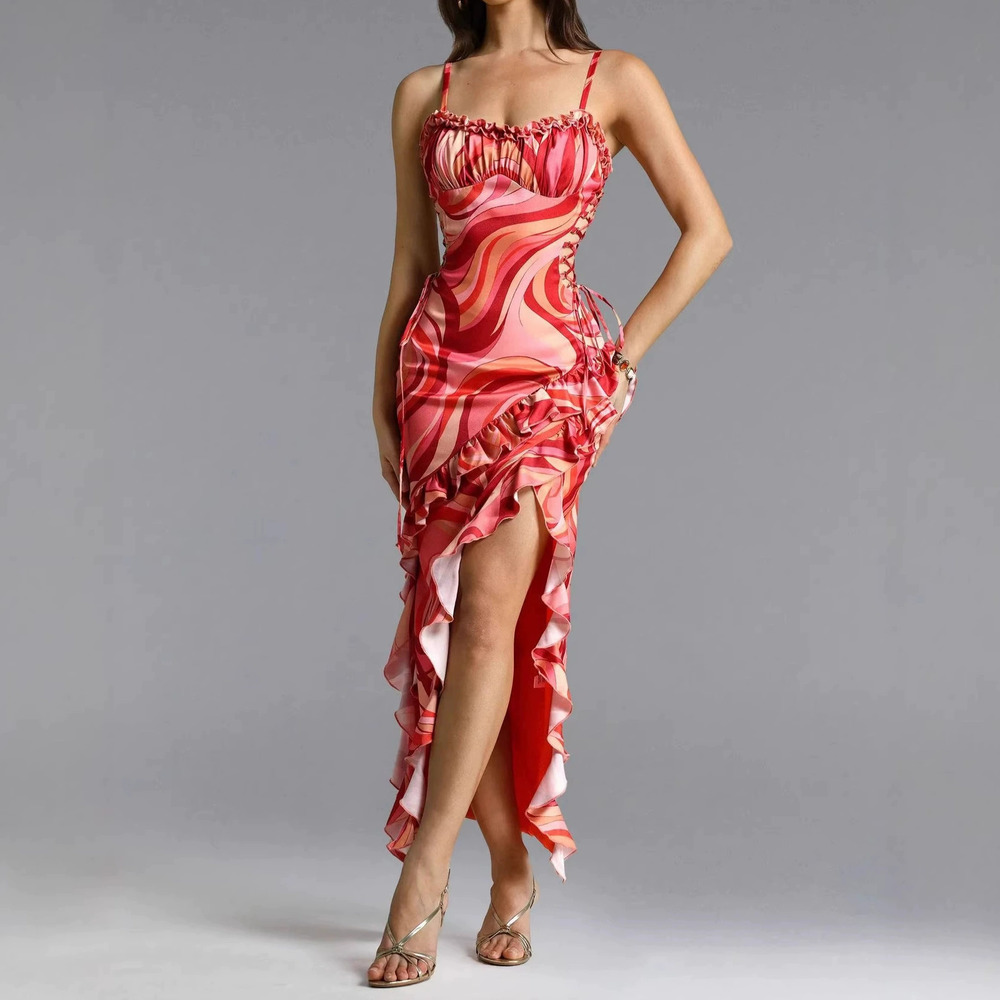 Forever 21 Summer Spaghetti Strap Maxi Dress with Ruffle Hem Slit Waist Tie